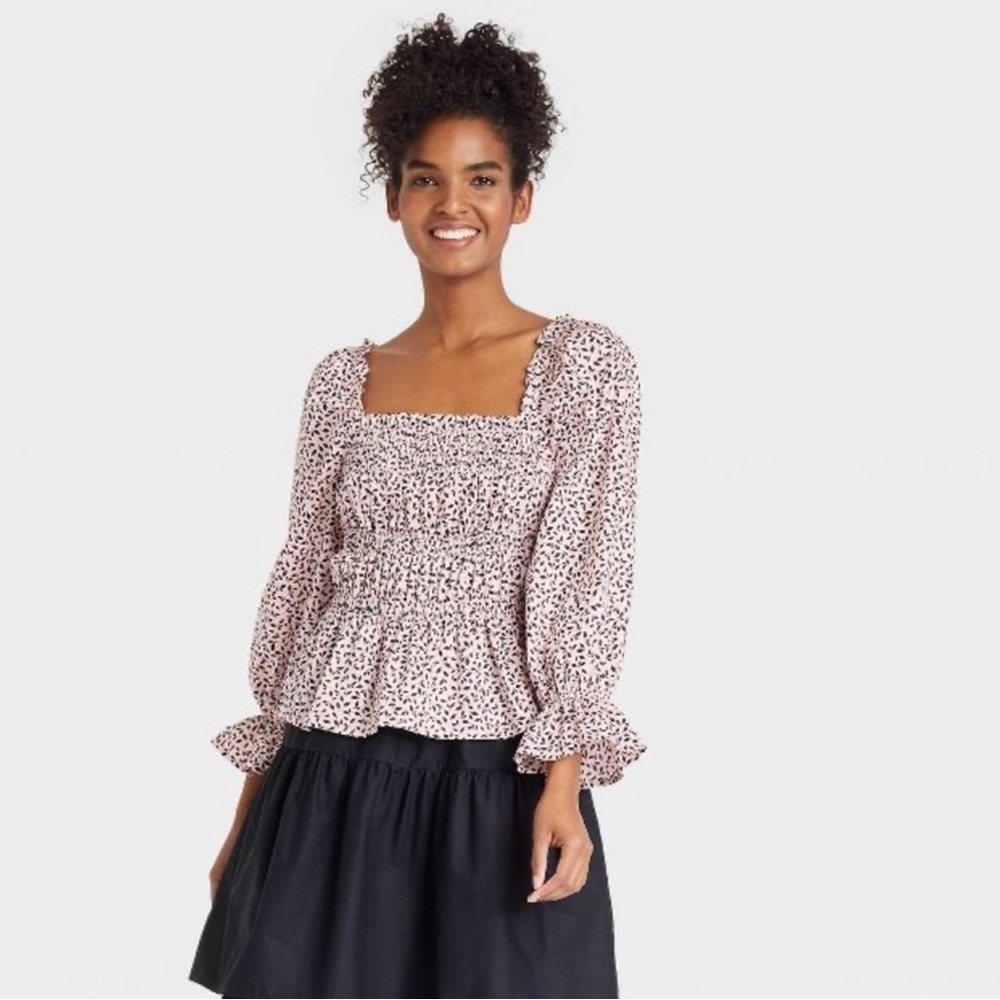 Who What Wear Puff Sleeve Smocked Peplum Top Square Neck Pink Women's Plus 1X